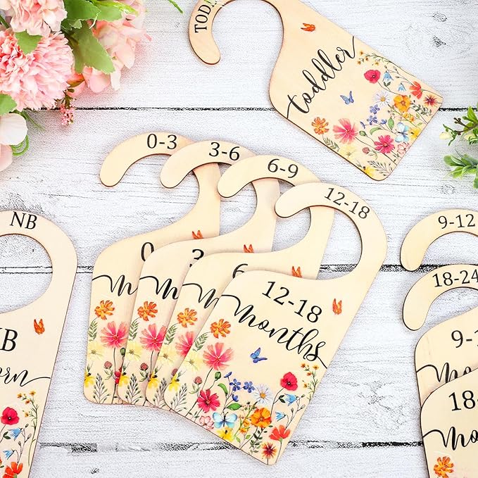 AnyDesign 8Pcs Wildflower Wood Baby Closet Dividers Newborn to 24 Months Baby Wardrobe Organizer Spring Vintage Floral Hanging Closet Organizer for Home Nursery Birthday Decor