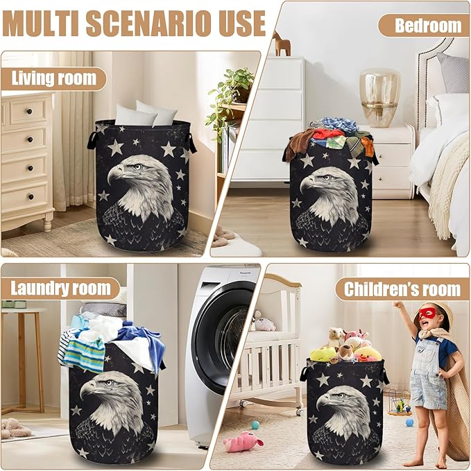 Black Eagle Laundry Basket, Foldable Waterproof Laundry Hamper Tote Bag Dirty Clothes Storage Bucket Toy Organizer for Bathroom/Laundry/Bedroom 15.7"x19.6"