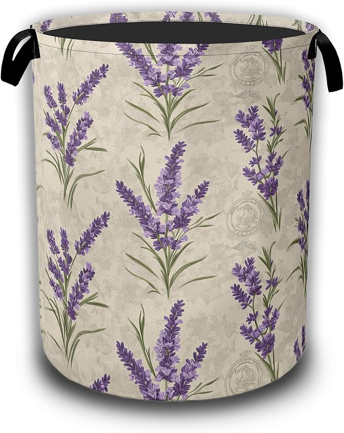 Purple Lavender Flowers Laundry Basket,Waterproof Foldable Laundry Hamper,Dirty Clothes Basket, Linen Bin Storage Organizer Collection 16" x 20.8"