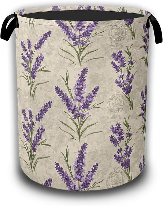 Purple Lavender Flowers Laundry Basket,Waterproof Foldable Laundry Hamper,Dirty Clothes Basket, Linen Bin Storage Organizer Collection 16" x 20.8"
