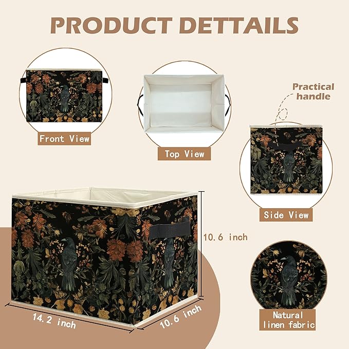Vintage Gothic Crow Floral Storage Bin Box with Handles, Dark Academia Cottagecore Flower Botanical Foldable Linen Fabric Laundry Basket for Home Bedroom Bathroom Clothes Toys Books