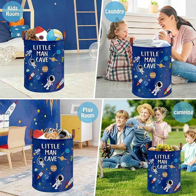 Space Themed Bedroom Decor Baby Laundry Hamper,Kid Laundry Basket for Boys Room,Astronaut Rockets Nursery Decor Storage Toy Bin, Lightweight Dirty Clothes Organizer Box (Blue Space)