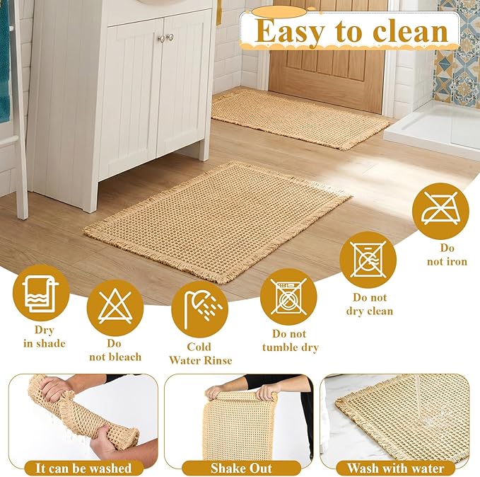 2pcs Waffle Bathroom Rugs Waffle Bath Mat Boho Bath Rugs Non Slip Washable Absorbent Baths Mats Soft Rubber Backed Shower Mats Bathroom Runner Rug for Bedroom Kitchen Shower Tub Hallway Laundry Room