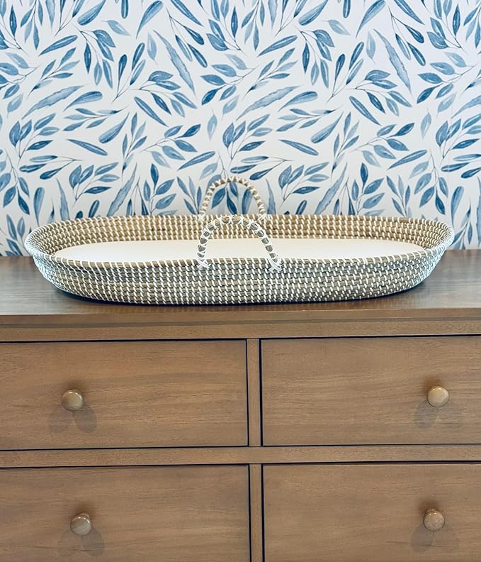 Seagrass Baby Changing Basket with Pad, Portable Diaper Topper, Hand-Woven Basket