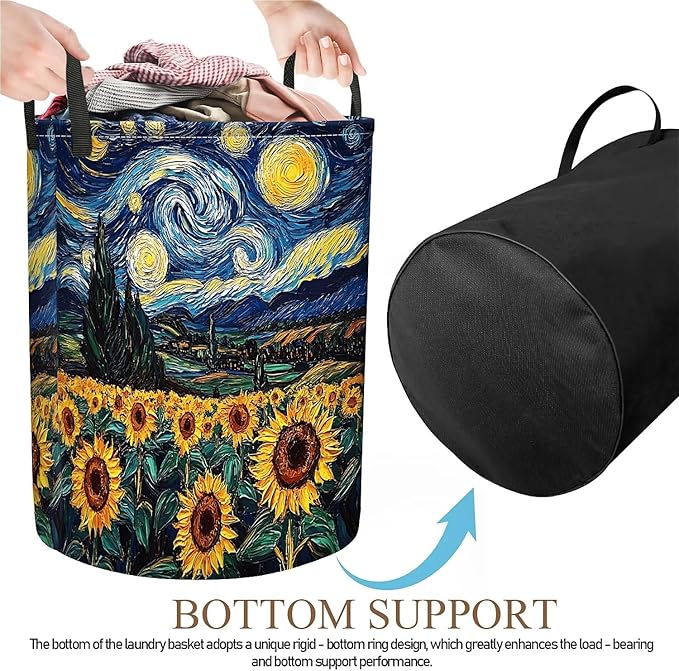 Laundry Hamper Night Sky Sunflowers, Large Canvas Collapsible Organizer Laundry Storage Basket for Nursery,Office,Toy Organizer,Home,Decor - 19.7" X 15.7 "