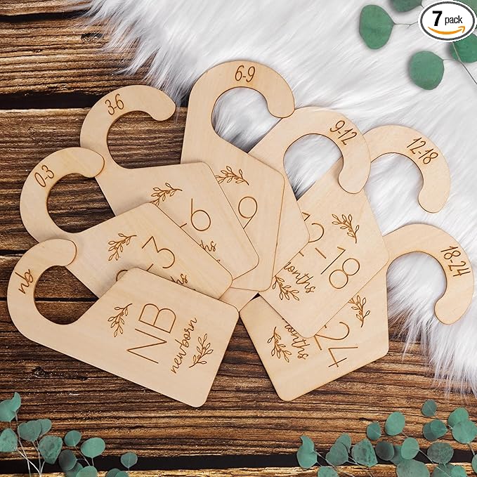 Baby Closet Dividers for Clothes Organizer - Set of 7 Adorable Wooden Double-Sided Baby Clothes Size Hanger Organizer from Newborn to 24 Months for Nursery Beautiful Decor
