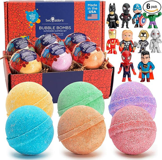 Superhero Bath Bombs for Kids with Surprise Toys Inside (6 Pack) - Large Bubble Bomb Fizzies for Boys, Girls, & Toddlers - Boys Easter Basket Stuffers, Fruity Scents, Made in USA by Two Sisters