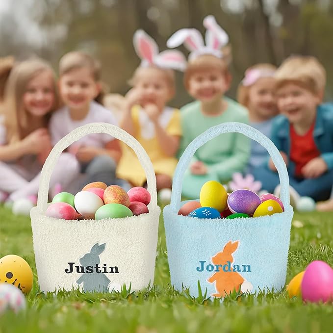 Easter Basket for Kids, VAPCUFF Easter Bunny Basket, Personalized Easter Baskets, Easter Basket with Name - - Blue Basket Brown Bunny