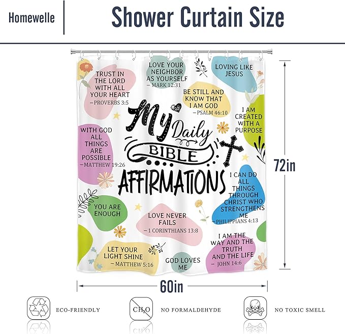 Homewelle Christian Bible Verse Shower Curtain Abstract Boho Mid Century Inspirational Quotes Minimalist Geometric Scripture 60Wx72H Inch Multicolor Waterproof Polyester Fabric Bathroom Bathtub