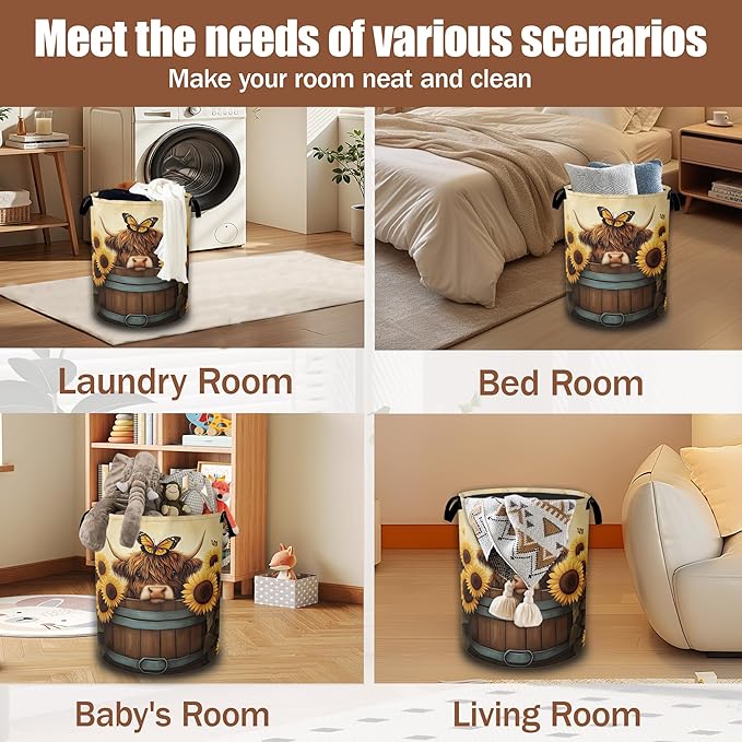Highland Cow Laundry Hamper,Sunflower Butterflies Collapsible Laundry Baskets Waterproof Oxford Cloth With Handles,Clothes Storage Bucket Toy Organizer For Bathroom/Nursery/Bedroom 16" x 20.8"
