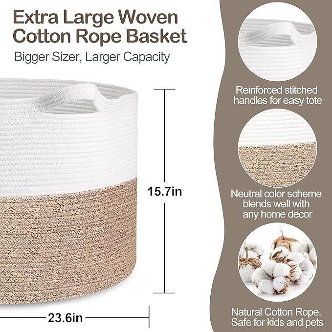 115L Super Large Blanket Basket, Kids Dog Toy Storage Bin Box, Oversized Nursery Baby Toy Organizer, Cotton Rope Woven Bin, XXXL Jumbo Basket for Blankets for Living Room, 23.6"x15.7", Brown