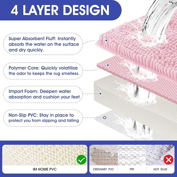 ACCUMTEK Christmas Striped Pink Bathroom Rug Set 3 Pieces Ultra Soft, Non Slip Chenille Toilet Mat, Absorbent Plush Shaggy Bath Mats for Bathroom, Bedroom, Kitchen