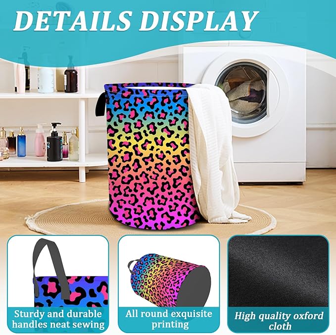 CoLorful Leopard Rainbow Laundry Basket, Foldable Waterproof Oxford Cloth Laundry Hamper Funny Tote Bag Dirty Clothes Storage Bucket Toy Organizer for Bathroom/Laundry/Bedroom 15.7"x19.6"