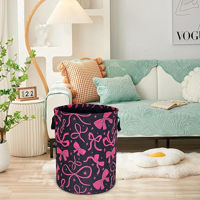 Bow Laundry Basket Oxford Cloth Pink Bowknot Laundry Hamper Funny With Handle Foldable Portable Clothes Storage Basket 18.9 X 16.5 In Storage Bag For Laundry Room/Bathroom/Bedroom/Dormitories