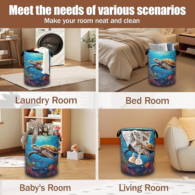 Sea Turtle Laundry Basket,Waterproof FoldableTropical Coral Reef Fish Laundry Hamper,Dirty Clothes Basket, Linen Bin Storage Organizer Collection 16" x 20.8"