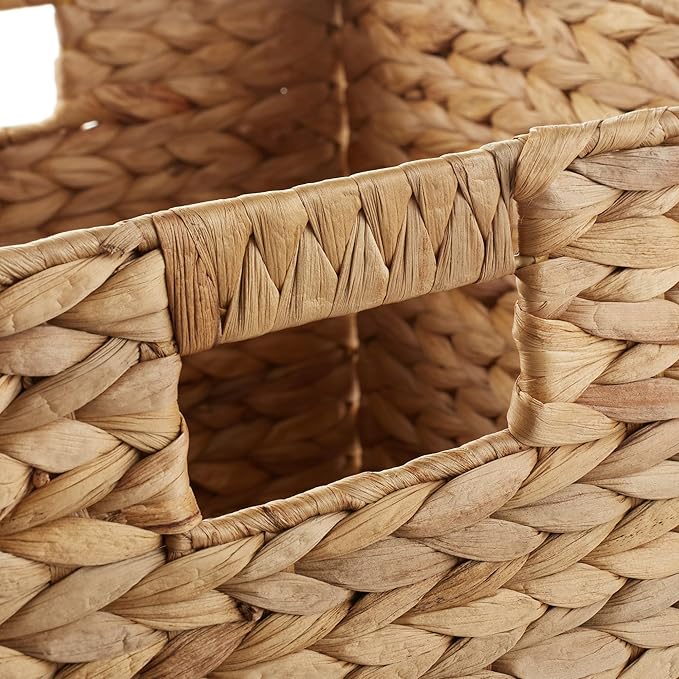 Casafield 10.5" x 10.5" Water Hyacinth Storage Baskets, Natural - Set of 4 Collapsible Cube Organizers, Woven Bins for Bathroom, Bedroom, Laundry, Pantry, Shelves