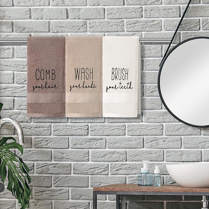 3 Pcs Farmhouse Decorative Hand Towels for Bathroom and Kitchen Rustic Embroidered 100% Cotton Hand Towels Decorative Set for Boho Bathroom Decor (Brown, Brush Comb Wash)