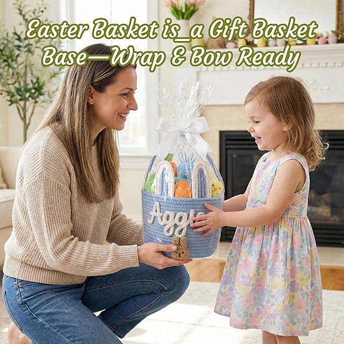 Personalized Easter Basket for Kids with Name - Custom Cute Embroidery Easter Bunny Rope Basket for Boys Girls, Easter Egg Hunt Basket (8 Colors+Rabbit Ear)