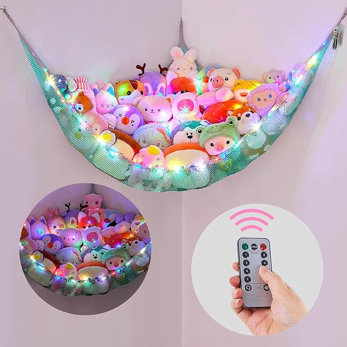 Basumee Stuffed Animals Net or Hammock with LED Light Hanging Toy Net Hammock for Stuffed Animals Storage Stuff Animals Hammocks for Nursery Room with Remote Control, 8 Kinds of Lights(Pack of 1)