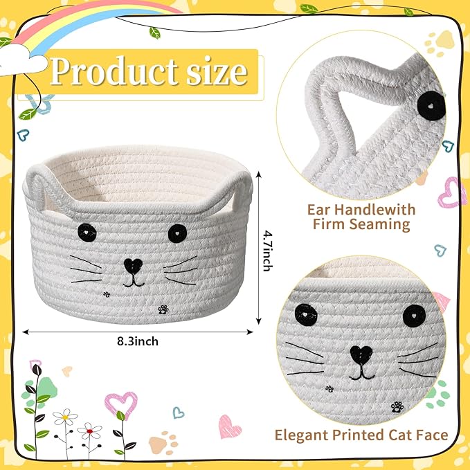 Zopeal Cat Basket Storage Woven Organizer with Ears Christmas Decorative Pet Toy Cute Cotton Rope Basket for Gift Cat Dog Toy Bin Nursery Room(8.3 x 4.7 Inch,White)