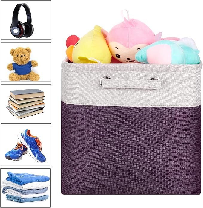 13 Inch Cube Storage Bins Purple - 3-Pack Purple Storage Cubes with Handles, 13x13x13 Fabric Storage Bins, Foldable Dark Purple Storage Baskets for Shelves, Cloth Organizer Cube Bins