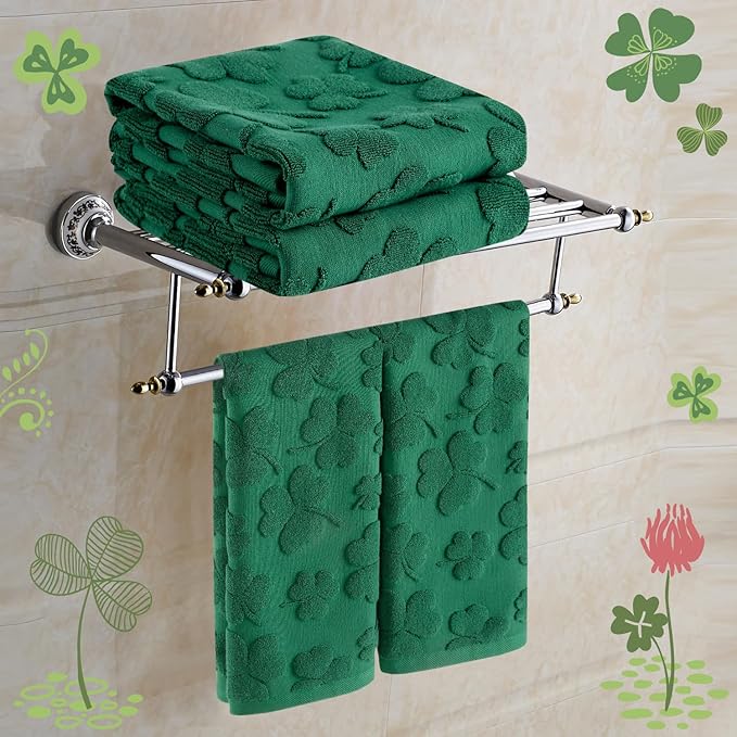 2 Pack St. Patrick's Day Hand Towels Kitchen Dish Towels Green Clover Shamrocks 100% Cotton Soft Absorbent Decorative Bathroom Towels Set for Drying, Cleaning, Cooking, 13.7'' x 29.5''