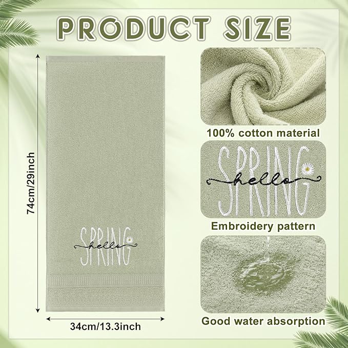 2 Pcs Hello Spring Hand Towels Gray Green Bathroom Decor 14x29 Inch 100% Cotton Soft Absorbent Bless This Home Embroidered Decorative Hand Towels for Bathroom Kitchen Housewarming Gifts