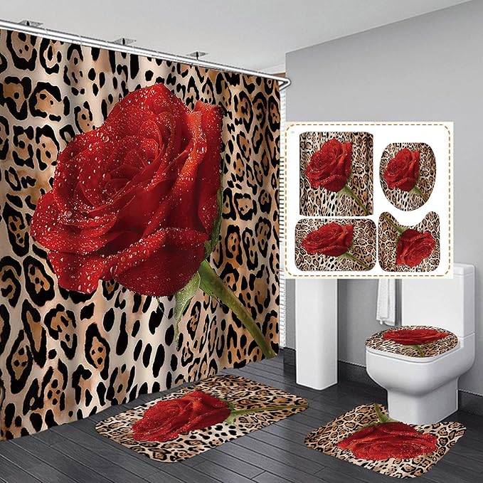 4PCS/Set Sexy Brown Leopard Shower curtain, Romantic Dewy Rose Panthera Cheetah Safari Wildlife African Wild Animal Skin Pattern Bathroom Decor, Non-slip Bath Rug Toilet Mat Carpet, Red Floral