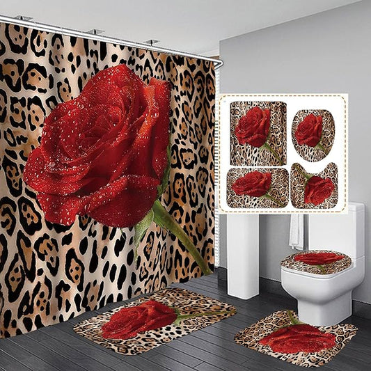 4PCS/Set Sexy Brown Leopard Shower curtain, Romantic Dewy Rose Panthera Cheetah Safari Wildlife African Wild Animal Skin Pattern Bathroom Decor, Non-slip Bath Rug Toilet Mat Carpet, Red Floral