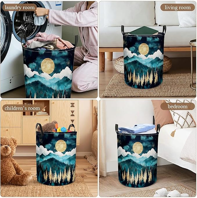Moon Forest Laundry Basket, Large Canvas Collapsible Organizer Storage Basket for Nursery,Office,Toy Organizer,Home,Decor - 19.7" X 15.7 "