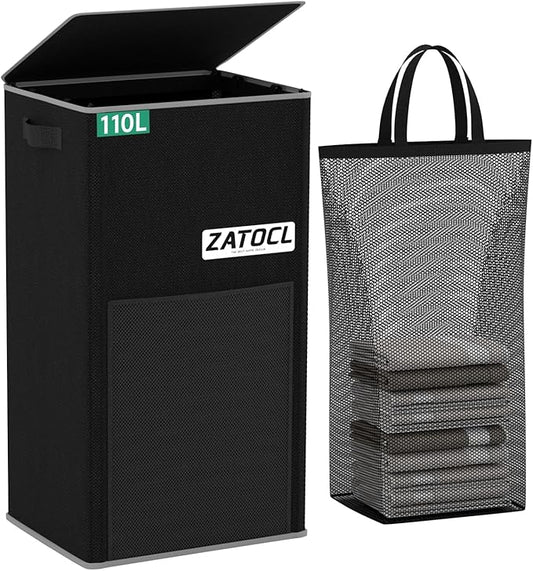 110L Laundry Hamper with Lid with Washing Bag & Front Mesh Bag, Large & Tall Laundry Basket, Collapsible Dirty Clothes Hampers for Bedroom Aesthetic, Bathroom, Dorm, Laundry Room - Easy Carry, Black