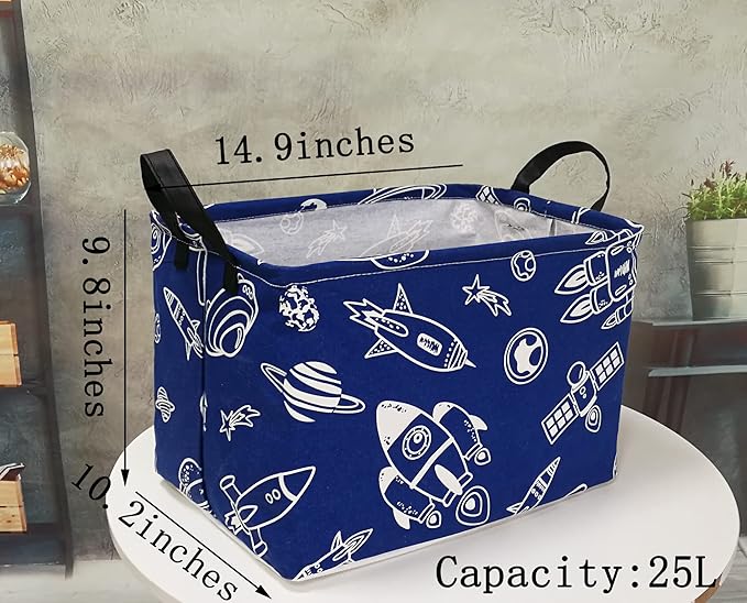Rectangle Gift Storage Basket Home Shelf Storage Basket Organizer Box Clothes Laundry Hamper Nursery Basket Laundry Basket with Handles (Spacecraft)