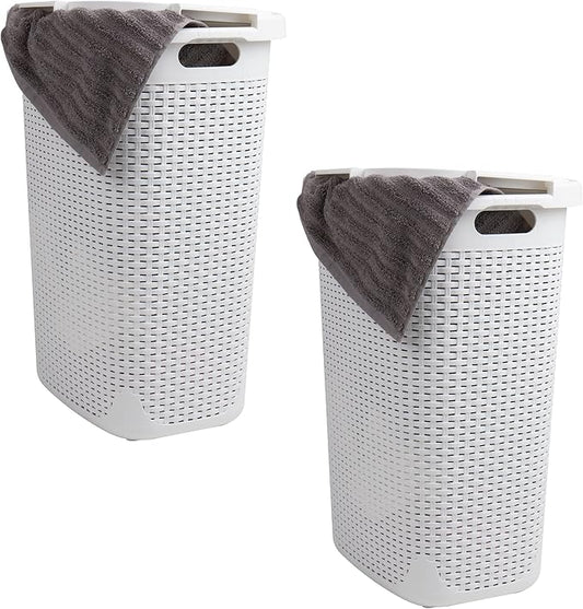 Mind Reader Slim Laundry Hamper with Lid, 60L Clothes Baskets, Premium Wicker Design, Plastic, 2-Pack, White