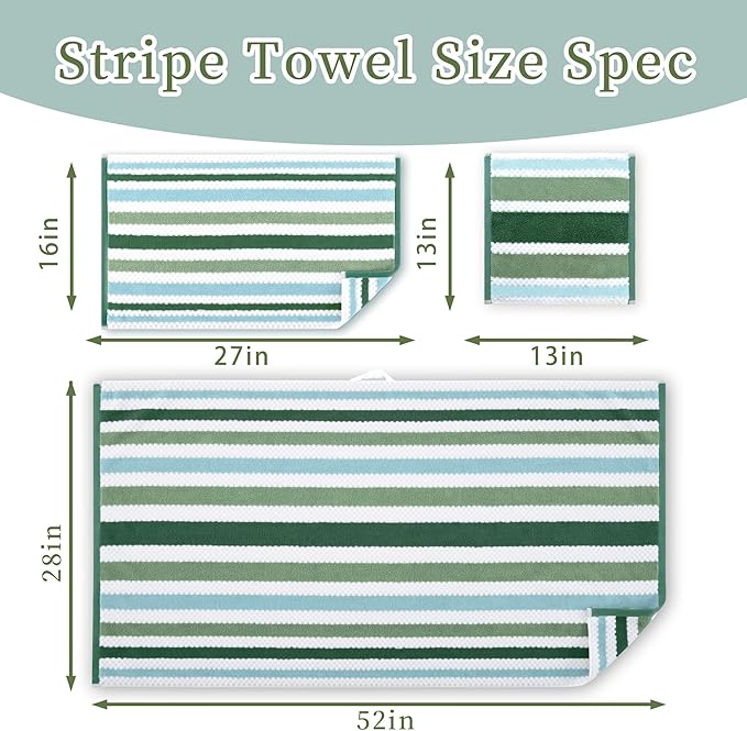 Green and White Washcloths (6PC, 13"x13") - 100% Cotton, Quick Dry, Thick&Absorb, Soft Washcloths for Bathroom & Showering, Striped Wash Cloths for Face & Body, Green Stripe and White Waffle/Checkered
