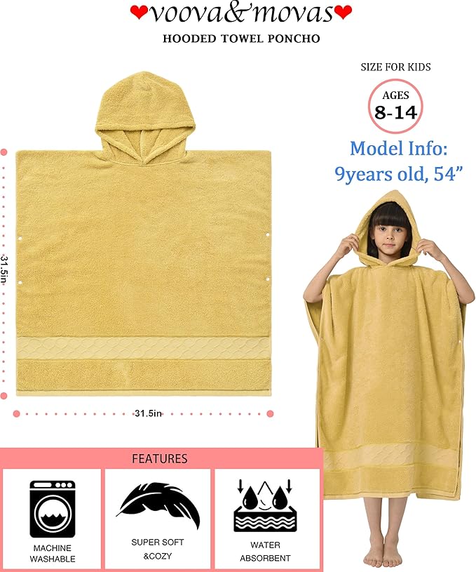 32"X64" Large Turkish Poncho Towels for Kids(8-14Years),Oversized 100% Cotton Thick (600GSM) Absorbent Bath Robe for Boy | Girl | Teens , Perfect for Swimming | Bathing | Beach | Gifts,Gold