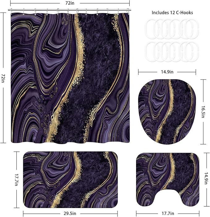 4PCS Purple Gold Marble Bathroom Sets with Shower Curtain and Rugs, Abstract Luxury Shower Curtain Sets with Rugs, Modern Bathroom Curtains Shower Set with Toilet Lid Cover