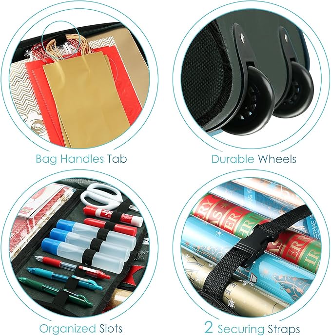 Hearth & Harbor Holiday Storage with Extra 2 PC of Christmas Storage Bins and Ribbon Storage Organizer - Fade Resistant Wrapping Paper Storage Containers with Wheels Fits Up to 30 Rolls of 40" Length