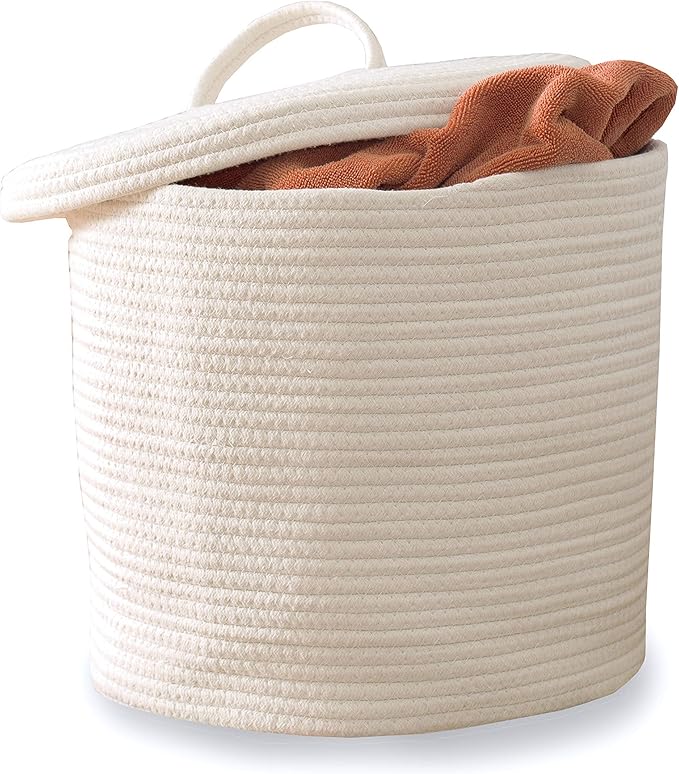 Cotton Rope Storage Basket with Lid | Large Woven Baskets and Handles 15" x 13" | for Nursery, Laundry, White Round Hamper, Home Living Room Floor, Toy Organizing bins, Blanket, Pillow and Big