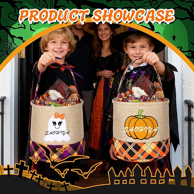 Personalized Halloween Basket, Custom Trick or Treat Bag with Name, Hand-Woven Candy Bucket, Spooky Decor for Boys & Girls (Style 2)