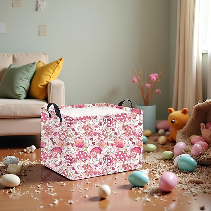 HIYAGON Rectangular Easter Basket Pink Bunny Easter Basket for Kids Gift Basket Empty Baby Girl Storage Baskets Toy Basket Cute Storage Bin Organizer Box Bunny Room Decor for Books(Pink Bunny)