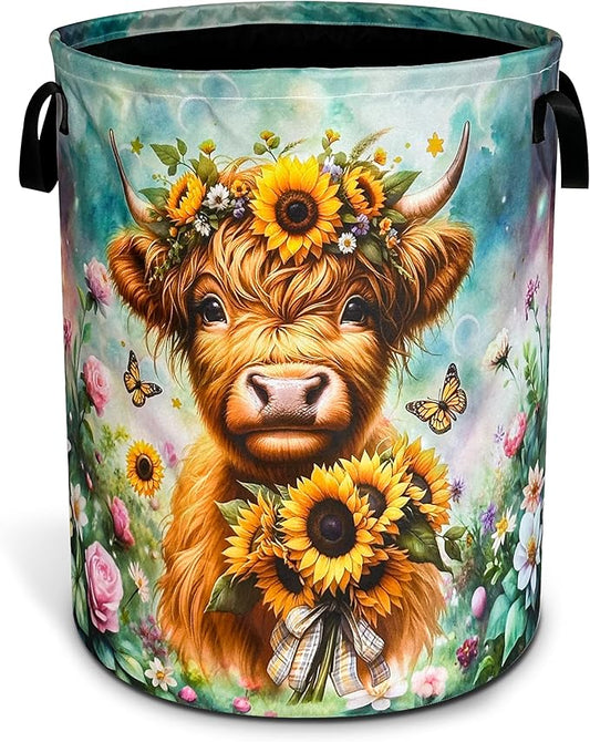 Highland Cow Laundry Basket Brown Longhorn Cattle Oxford Cloth Laundry Hamper With Handle Foldable Portable Clothes Storage Basket 18.9 X 16.5 Inch Storage Bag For Laundry Room/Bathroom/Bedroom