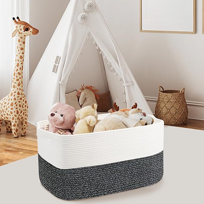 Extra Large Toy Box, 22" x 17" x 12" Rectangle Blanket Basket Living Room, Woven Cotton Rope Baskets for Storage, Soft Toy Storage Organizer Bin Chest, Kids Toy Box fo Living Room