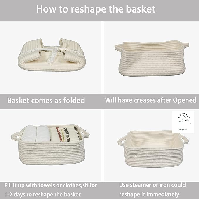 Woven Cotton Rope Storage Basket with Handles for Organizing Shelves Closet Small Cat Dog Pet Toy Baskets Box Bin Decorative Rectangle Baby Nursery basket Gift basket Empty(white)