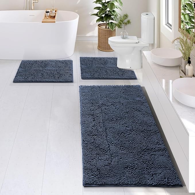 Hearth & Harbor Bathroom Rugs, Chenille Bath Mat - Machine Washable Bath Mats for Bathroom Non-Slip Backing Rubber, Quick Dry Mat - Navy Blue Bath Rug, 17x24-26x44-20x24