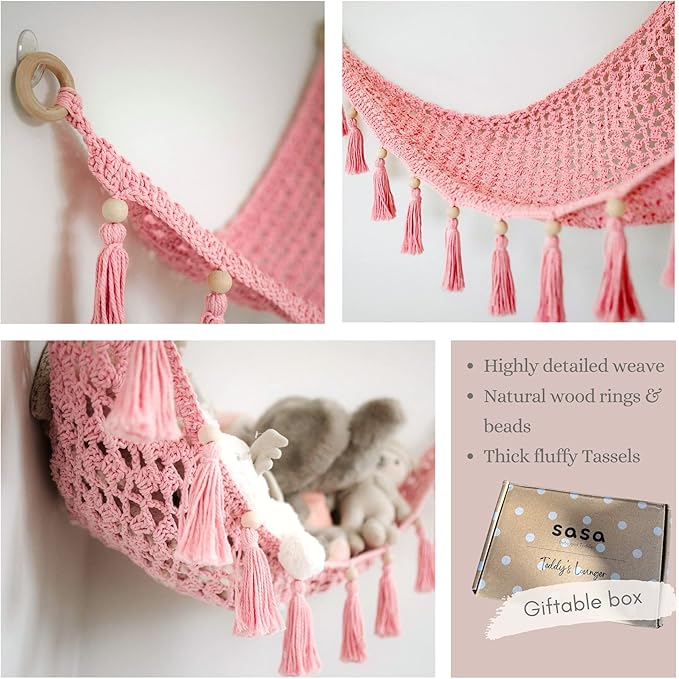 Macrame Toy Hammock for Stuffed Animals - Plushie Toy Hammock for Baby Girl Nursery Decor, Plush Hammock, Stuffy Hammock, Hanging Stuffed Animal Organizer, Sweet Pink