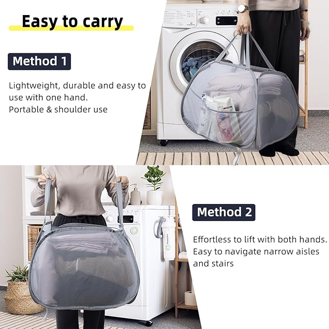 Collapsible Laundry Basket, 90L Foldable Pop-up Laundry Hamper with Handles, Mesh Dirty Clothes Hamper for Laundry, Bathroom, Kids Room, Dorm,Travel or Camping (White, 2PCS)