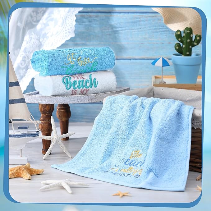 3 Pack Coastal Hand Towels for Bathroom 100% Cotton Embroidered Bathroom Towels 13.78 x 29.53 Inch Hand Towels Soft Absorbent Cotton Towel(Blue Series,Beach)