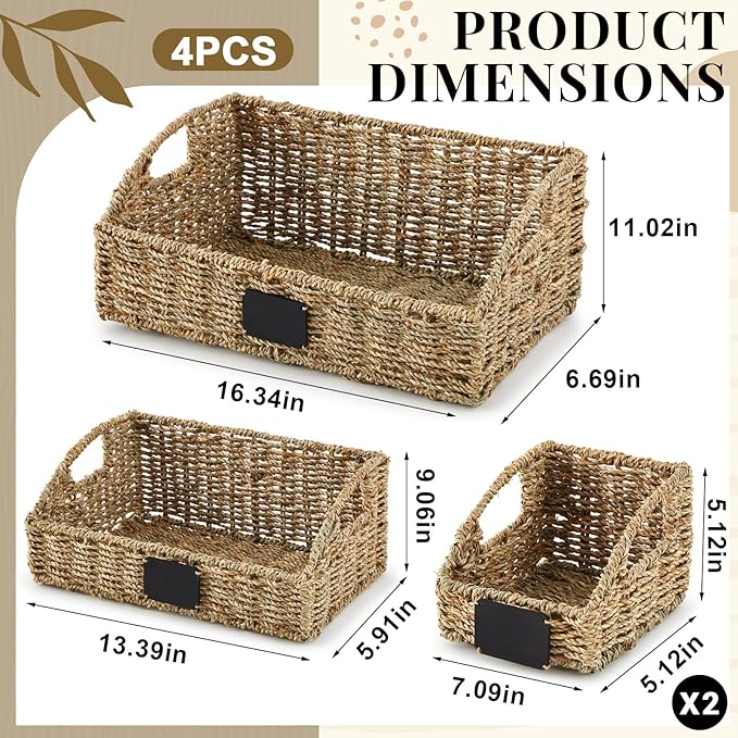 4 Pcs Natural Seagrass Storage Baskets Set Stackable Handwoven Wicker Storage Bins with Chalkboard Label Built-in Handles Woven Container Basket Kitchen Baskets for Shelves