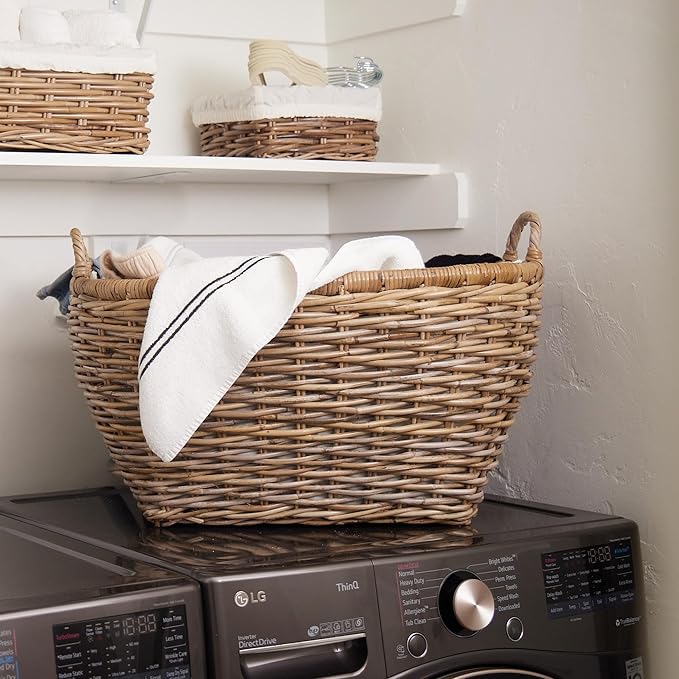 The Basket Lady Oval Kubu Wicker Laundry Basket, 25 in L x 19 in W x 14 in H, Serene Grey