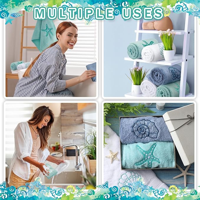 3 Pack Coastal Hand Towels for Bathroom 100% Cotton Embroidered Beach Bathroom Towels 13.8 x 29.5'' Seashell Starfish Conch Blue Finger Towel Nautical Decorative Towel Gift for Summer Holiday